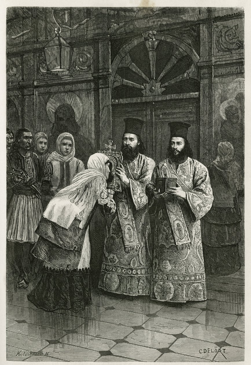 Pritres giver et kys til de hellige billeder, graveret af Ch. Delort, for at illustrere Henri Belles rejse til Grækenland i 1861, 1868 og 1874, offentliggjort i tour du monde under ledelse af Edouard Charton af Charles Edouard Delort