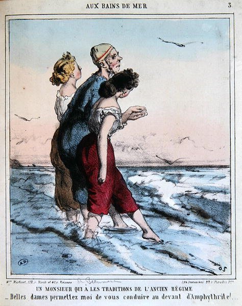 Traditionel mand eskorterer to unge damer for at bade i havet, ca. 1850-70 (farve litho) af Charles Edouard de Beaumont
