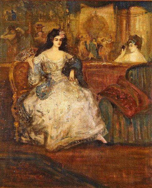 Kvinde i en æske i teatret (olie på lærred) af Charles Edward Conder