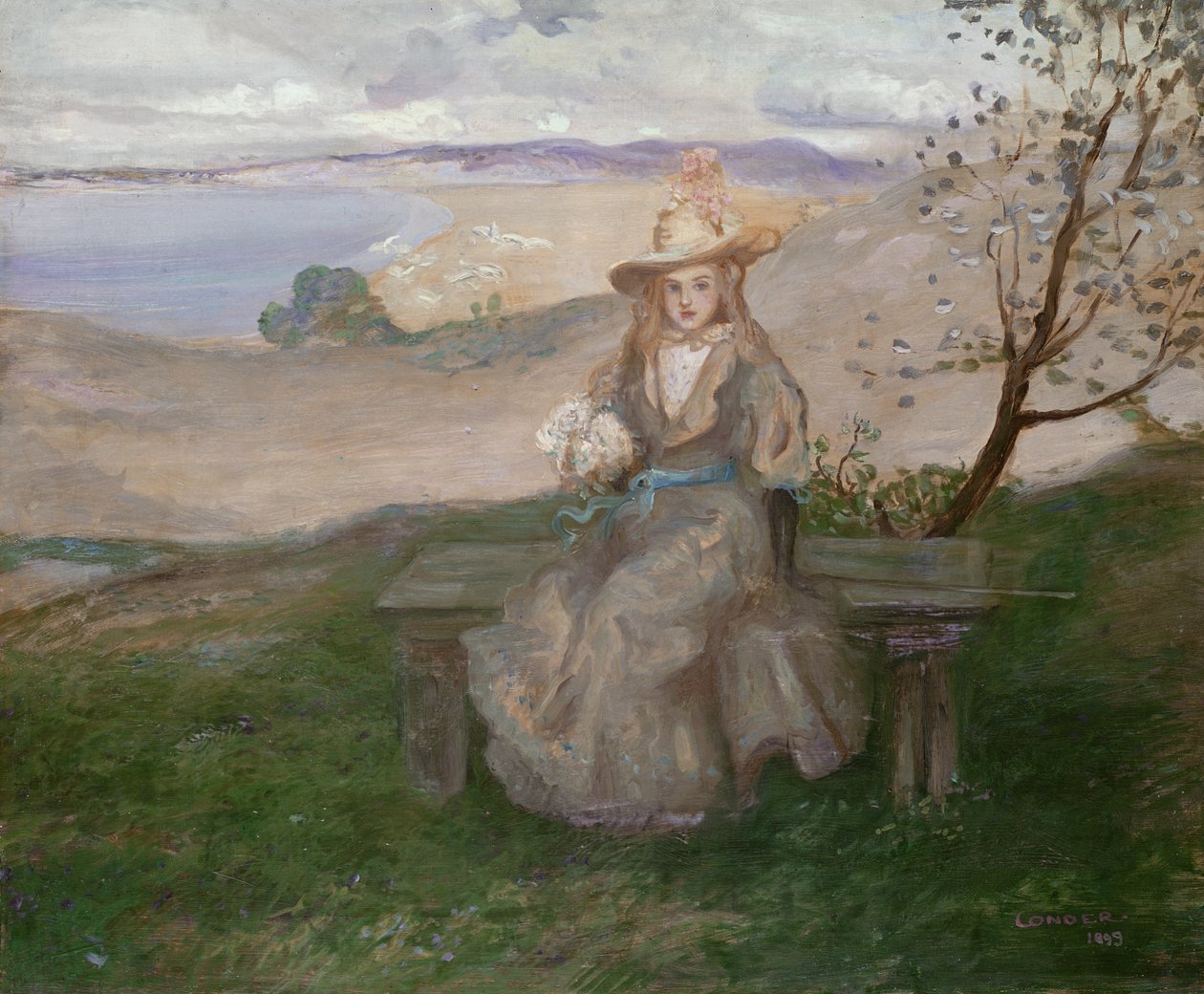 Pige med en buket over Swanage Bay, 1899 af Charles Edward Conder