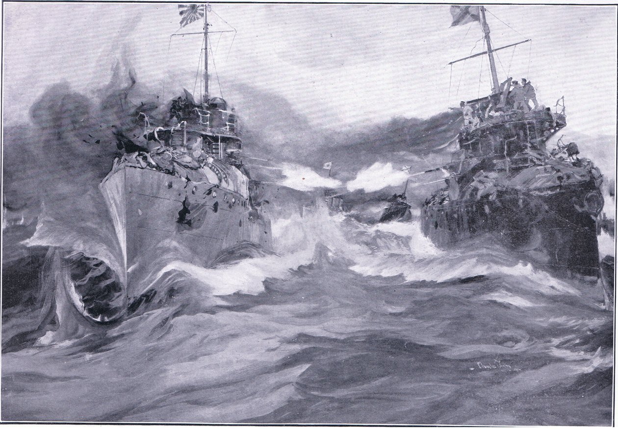 En kamp mellem destroyere, illustration fra Cassells History of the Russo-Japanese War Vol 1, ca. 1900 af Charles Edward Dixon