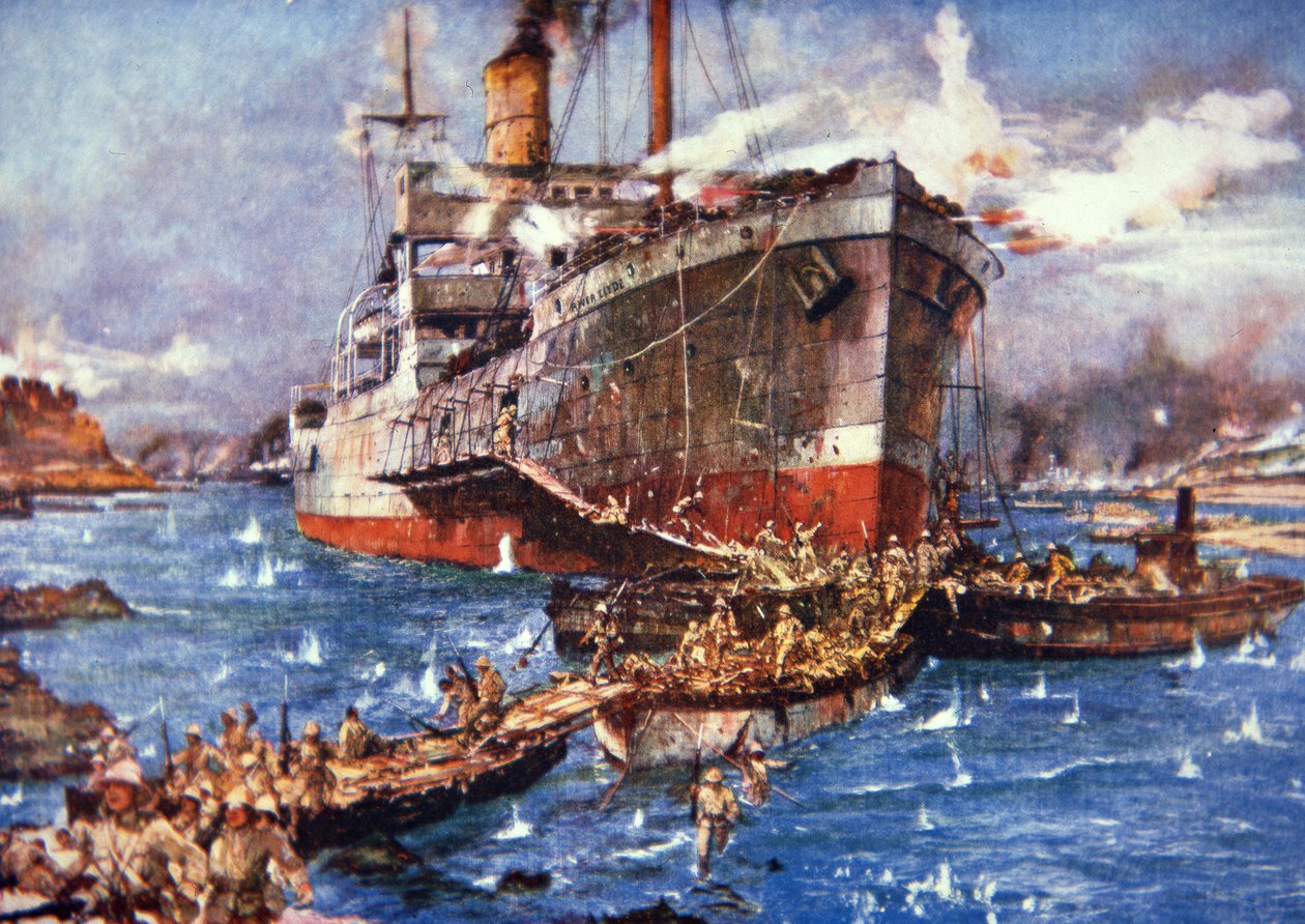 Britiske tropper fra floden Clyde lander ved V Beach, Gallipoli, 25. april 1915 (farve litho) af Charles Edward Dixon