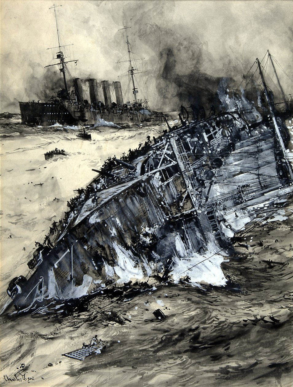 Sænkning af HMS Hogue, Cressy og Aboukir (wc på papir) af Charles Edward Dixon
