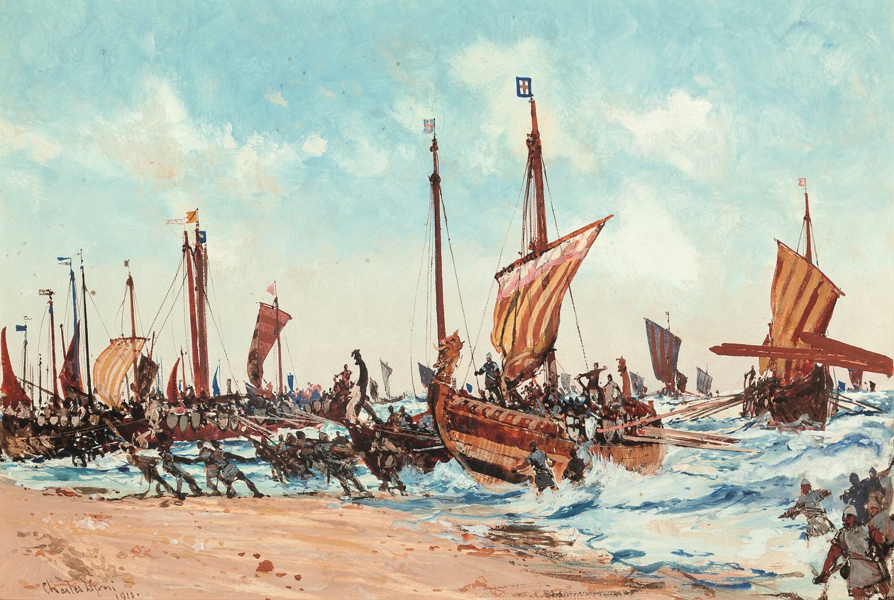 Vilhelm Erobrerens landgang i Hastings den 28. september 1066 af Charles Edward Dixon