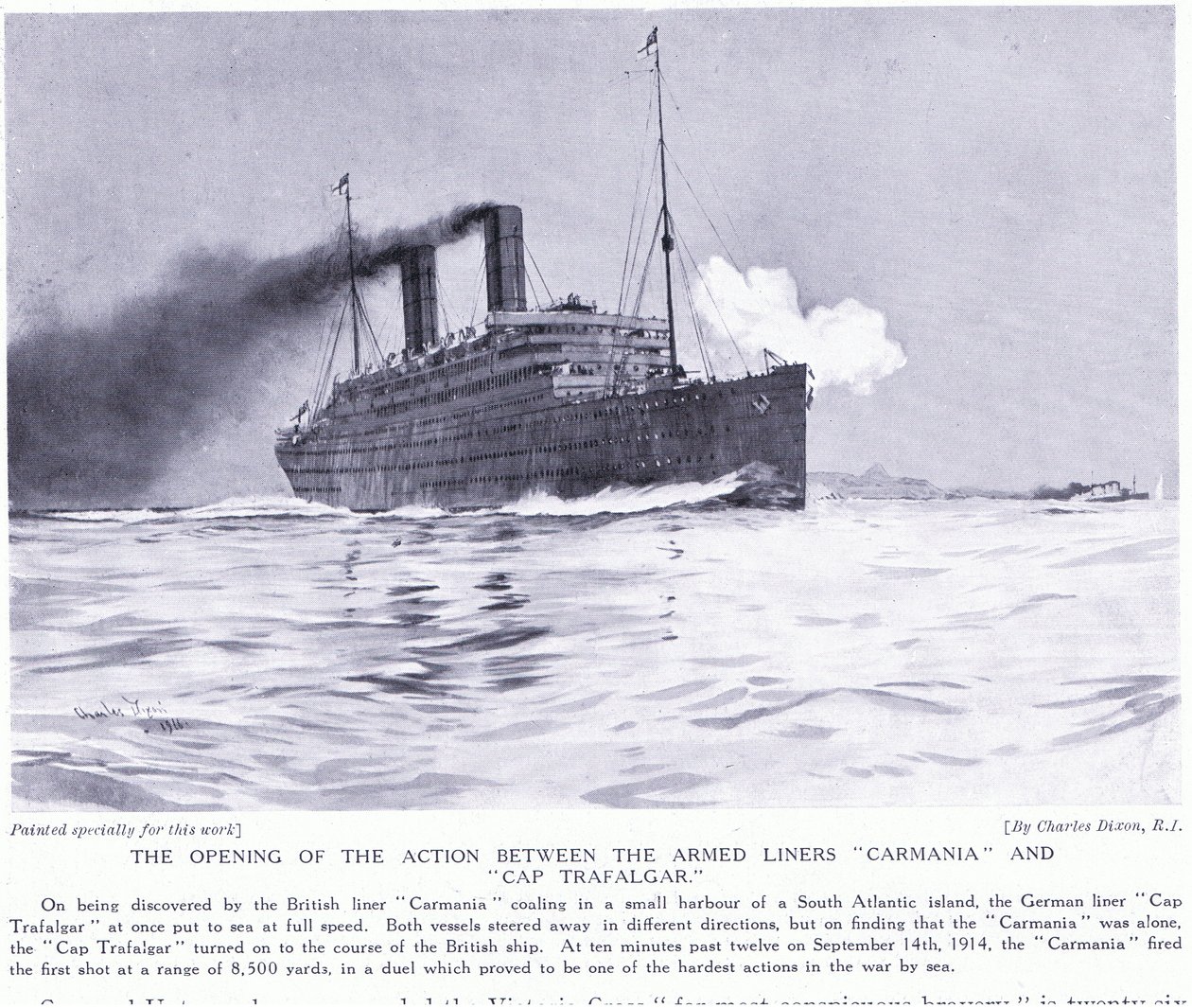 Åbningsaktionen mellem de bevæbnede linjeskibe Carmania og Cap Trafalgar, Sydatlanten, september 1915 af Charles Edward Dixon