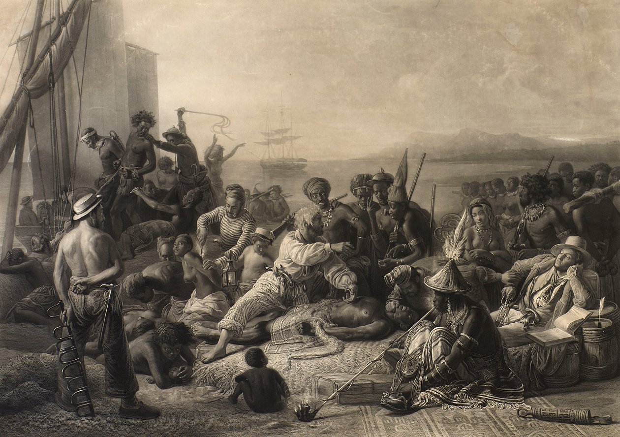 "Scene på Afrikas kyst": Slaver og slaveejere venter på transport til udlandet. af Charles Edward Wagstaff