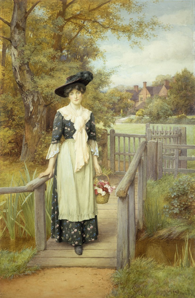 A Country Beauty (w/c over blyant med gouache på papir) af Charles Edward Wilson