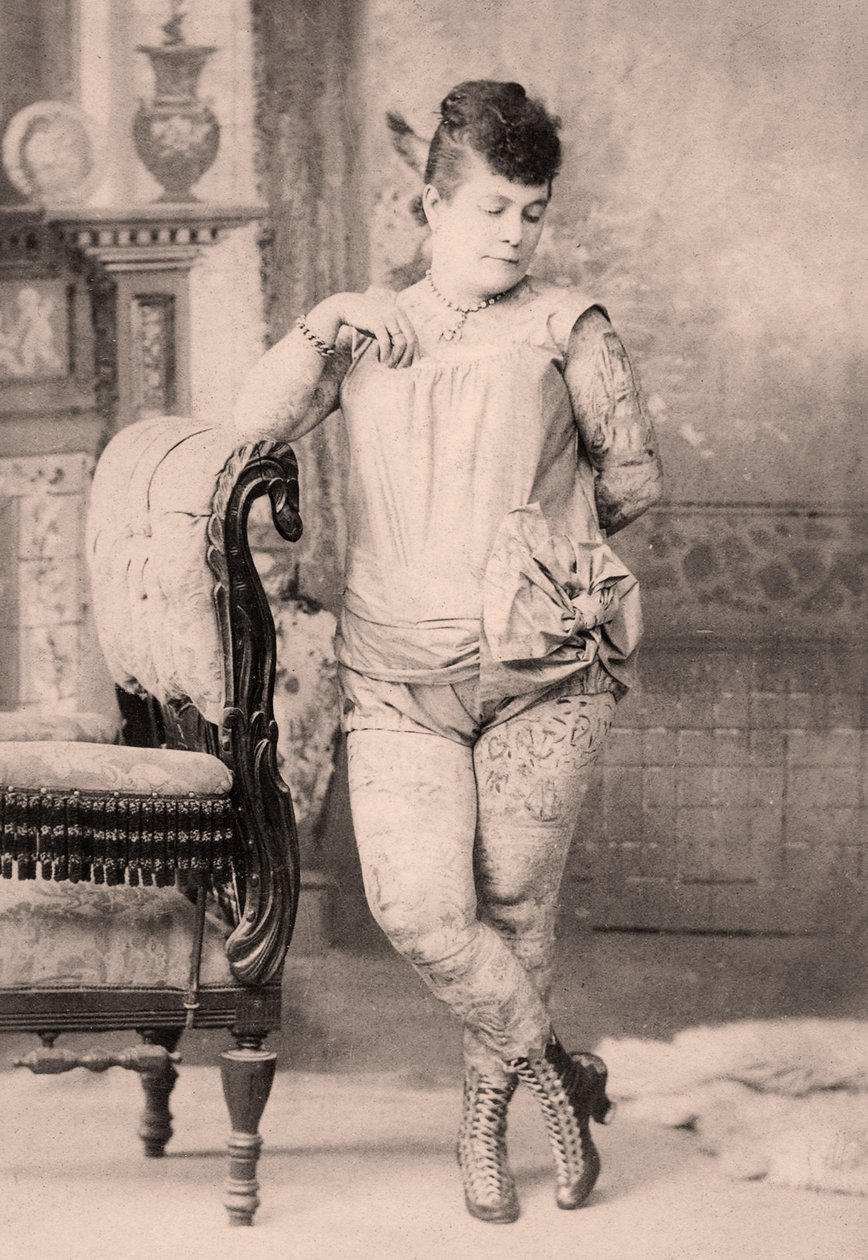 Portræt af Nora Hilderbrandt den tatoverede kvinde, ca. 1896 af Charles Eisenmann