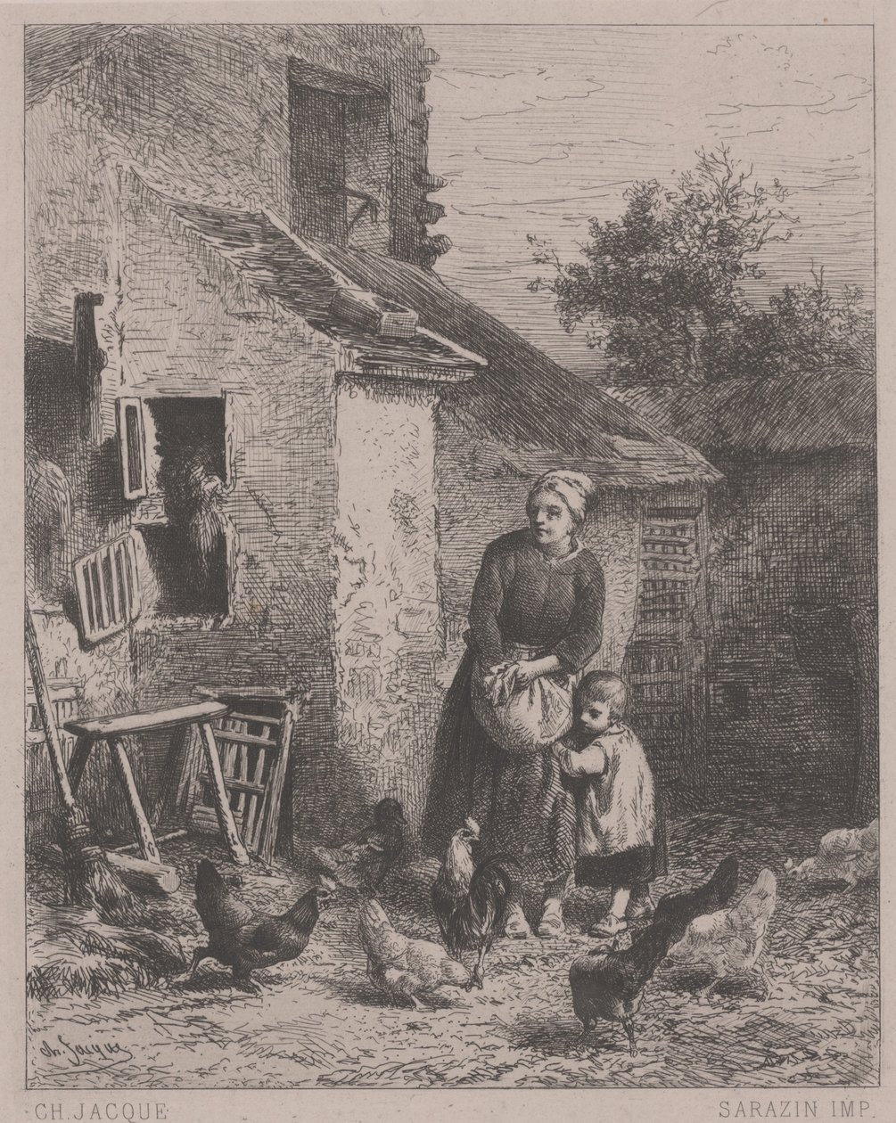 Et hjørne af retten, eller Un Coin de Cour (ætsning, gravering og tørnål) af Charles Emile Jacque