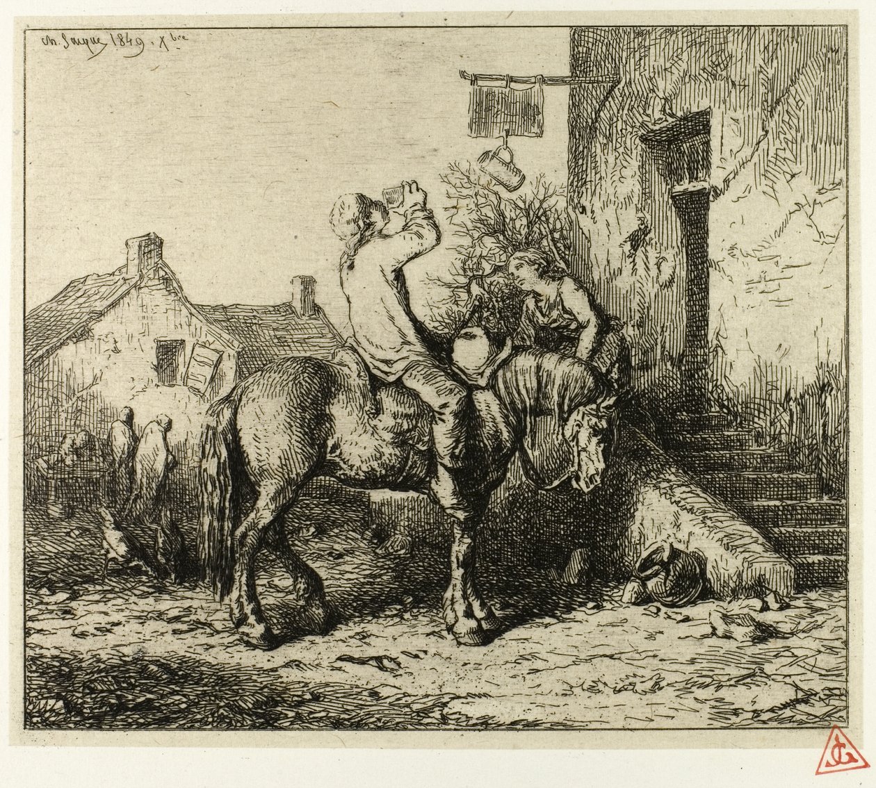 Indgang til en kro, med bondedrik af Charles Emile Jacque