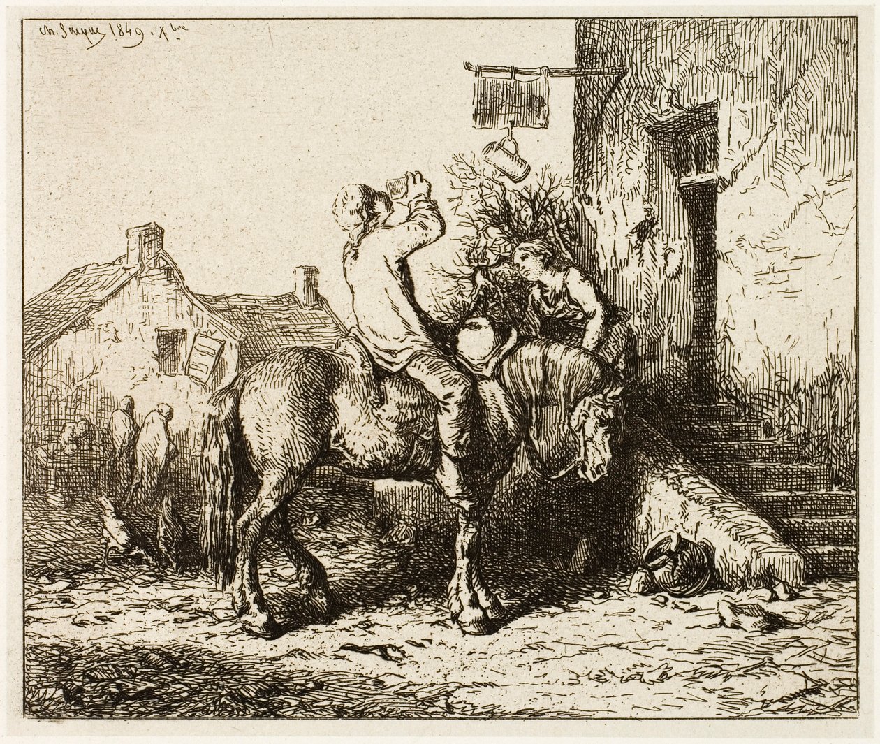 Indgang til en kro, med bondedrik af Charles Emile Jacque