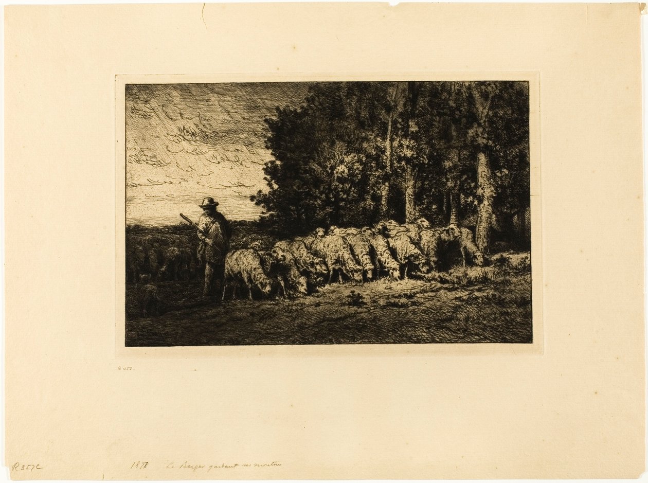 Flok får ved kanten af en skov af Charles Emile Jacque