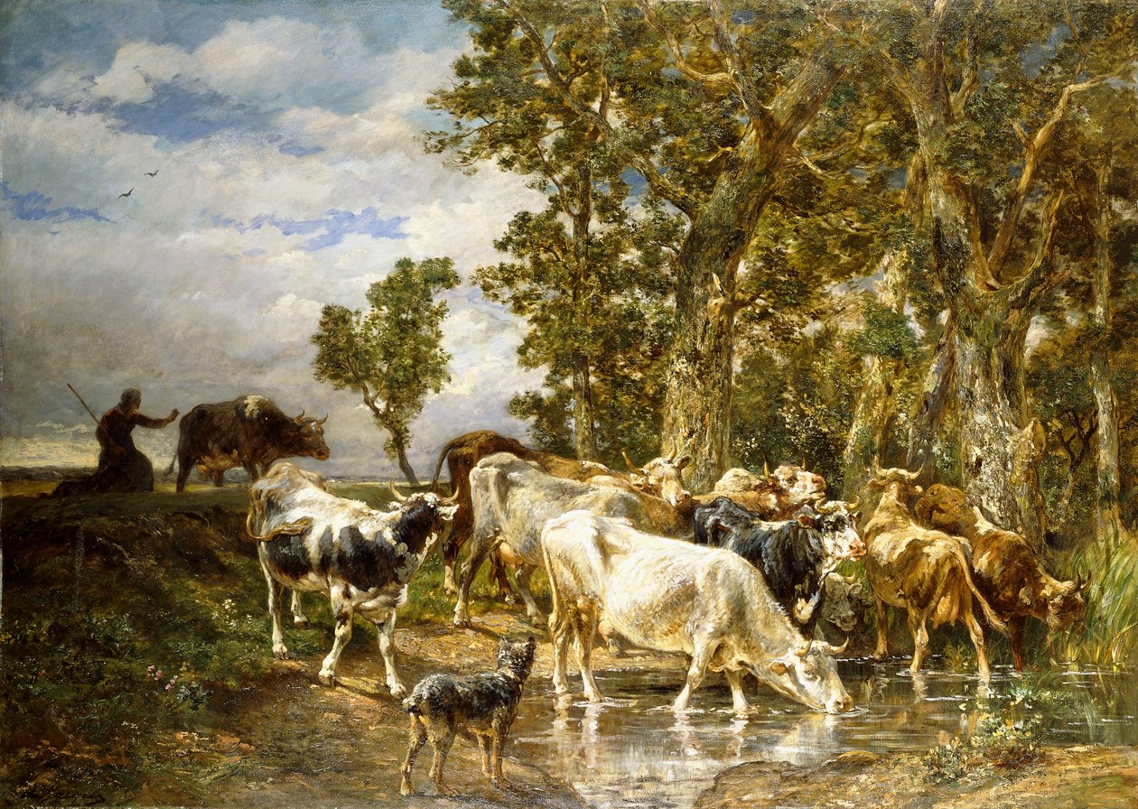 Flok køer ved en drikkebassin, af Charles Emile Jacque