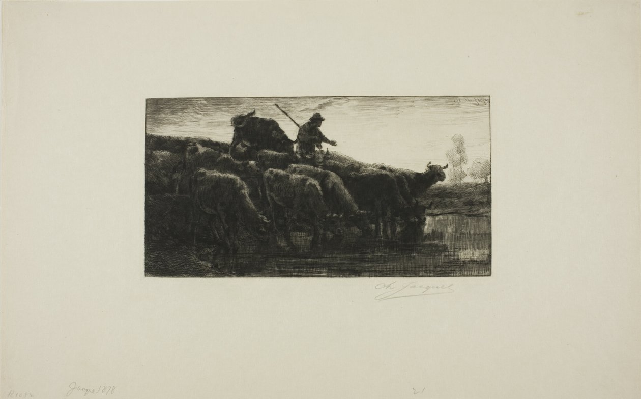 Flok køer ved fodertruget af Charles Emile Jacque