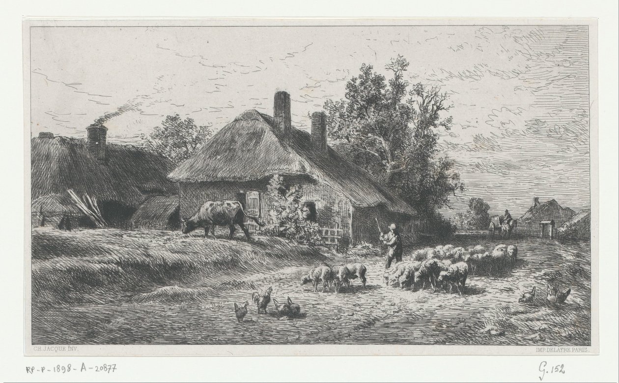 Hyrde med flok på en vej langs en gård af Charles Emile Jacque