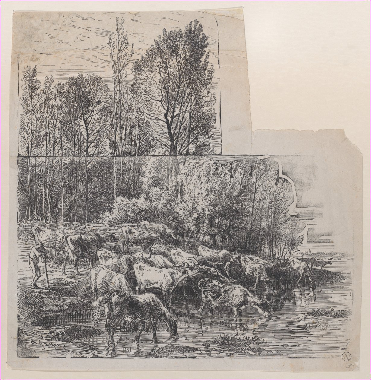Hyrde og kvæg ved Ford, ca. 1850. af Charles Emile Jacque