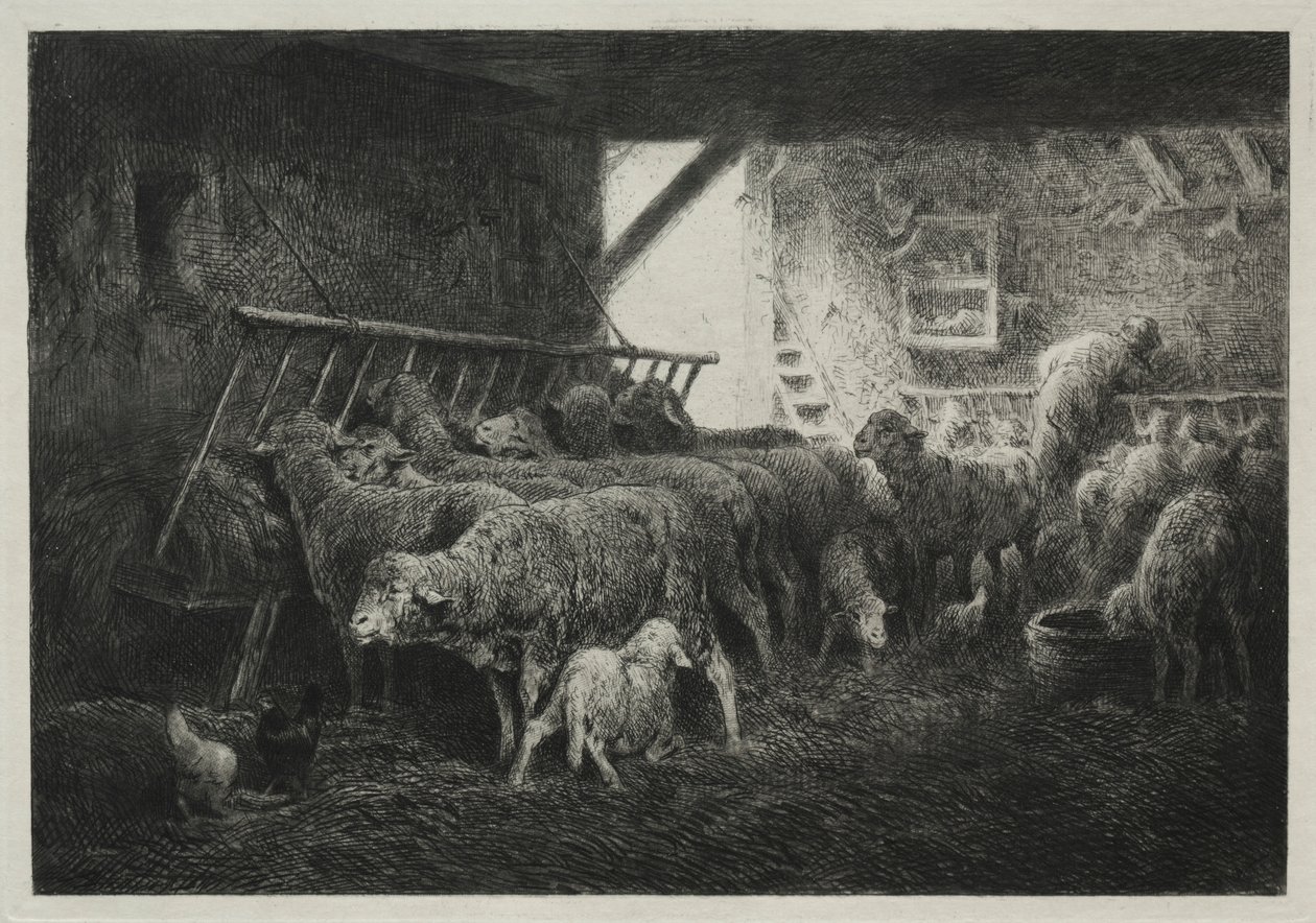 Interiør af fåreindhegning. af Charles Emile Jacque