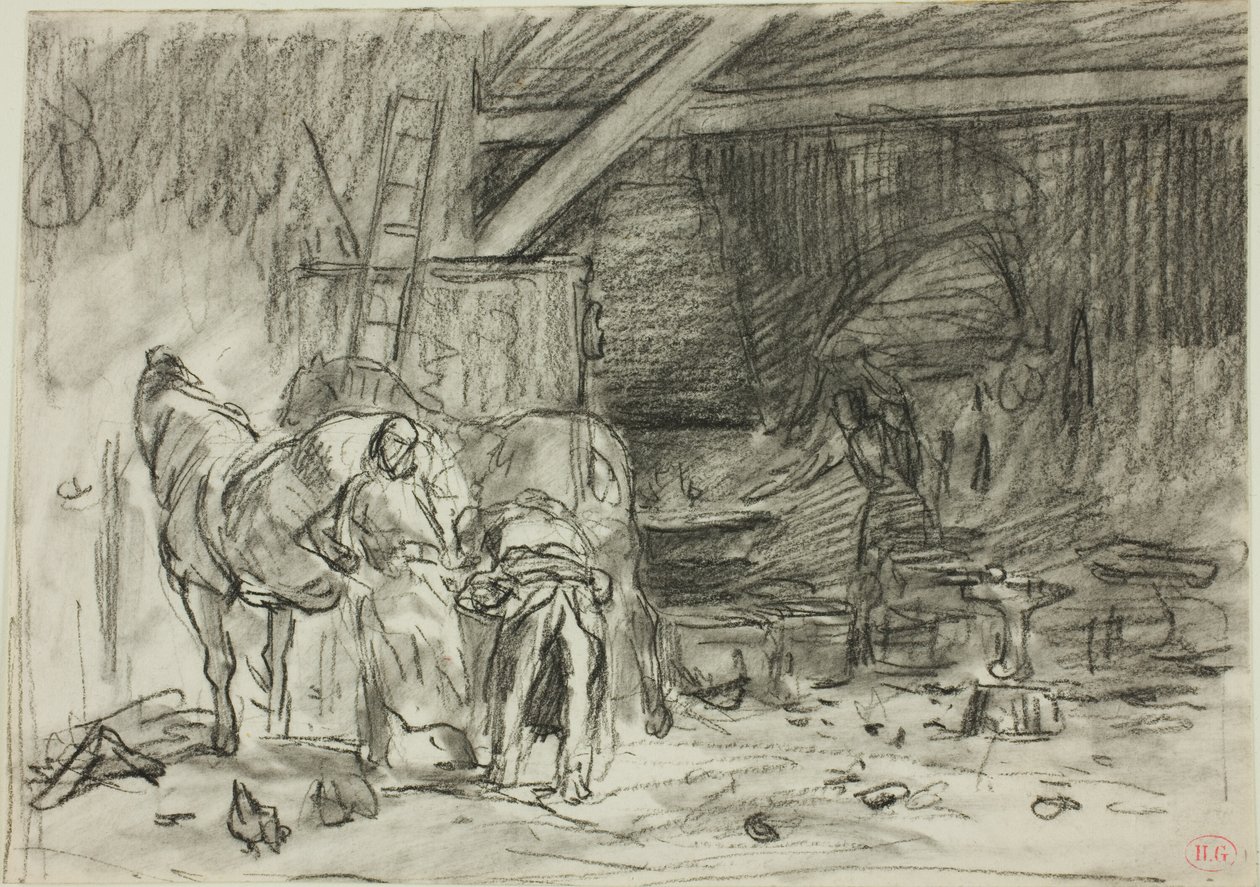 Interiør af en smedje (recto); mand bøjer sig forover, set fra læs (verso) af Charles Emile Jacque