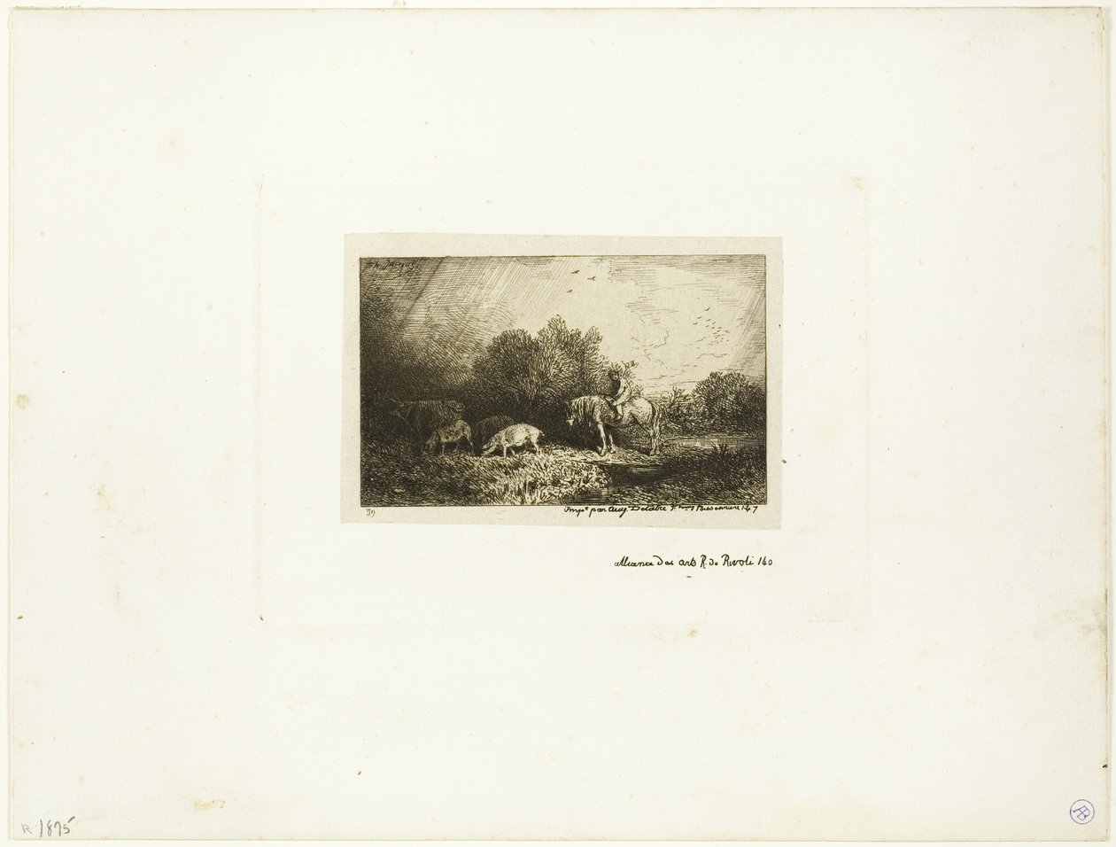 Landskab med mand på hesteryg, grise og ko af Charles Emile Jacque