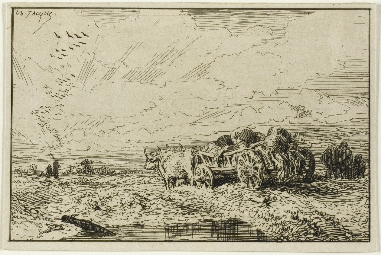 Landskab med oksetrukne vogn af Charles Emile Jacque