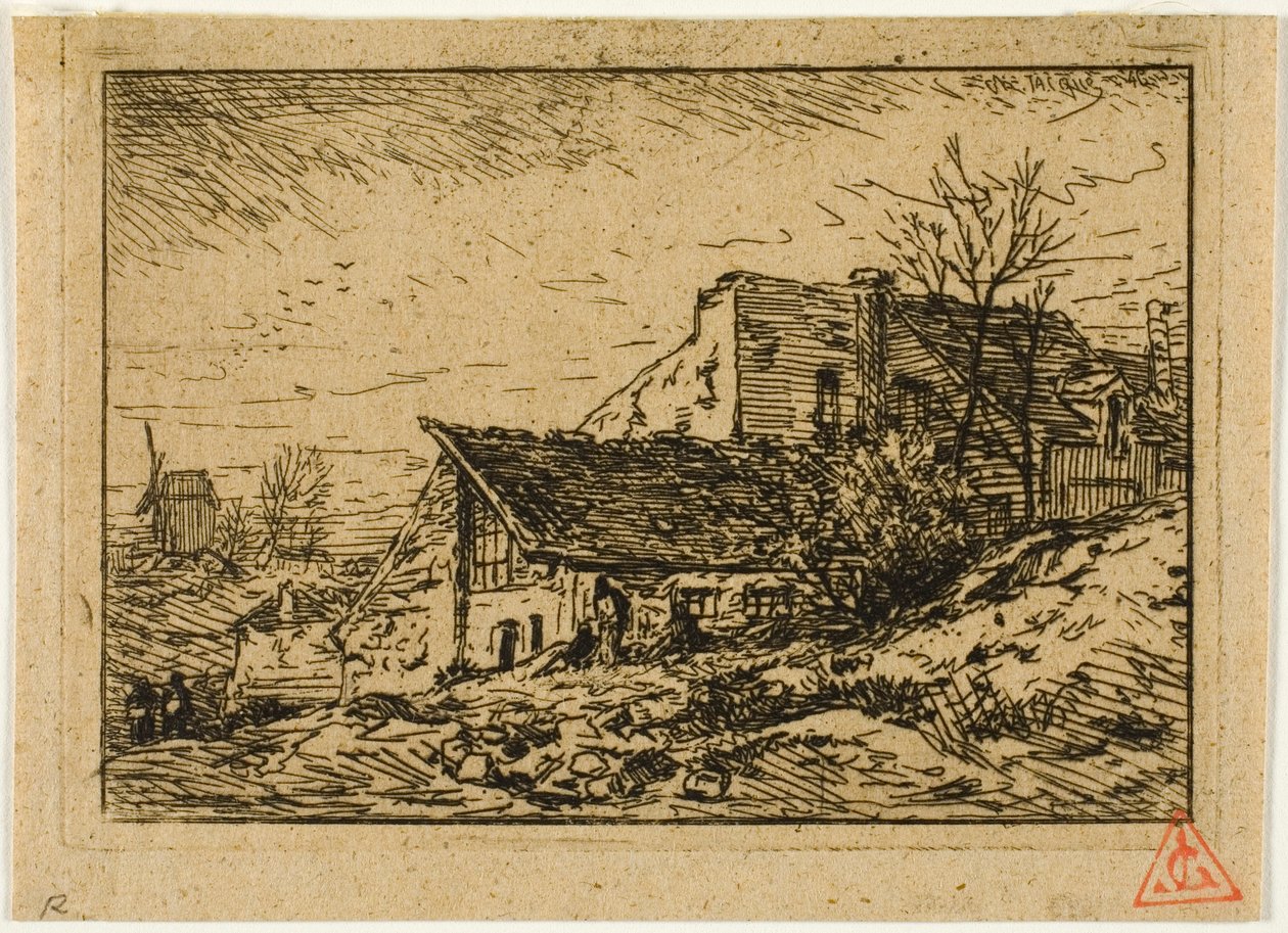 Landskab med bondeboliger og mølle af Charles Emile Jacque
