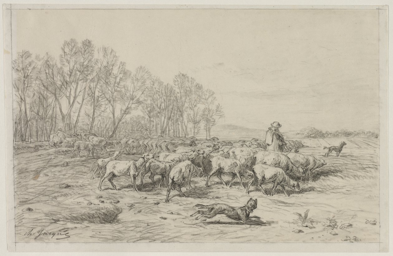 Landskab med en fåreflok, 1800-tallet. af Charles Emile Jacque