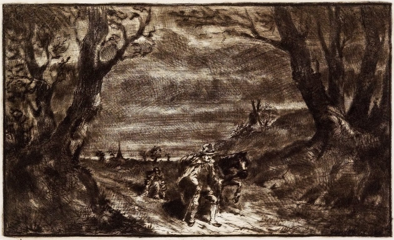Man Leading Horse, 1800-tallet (ætsning, drypoint og roulette) af Charles Emile Jacque