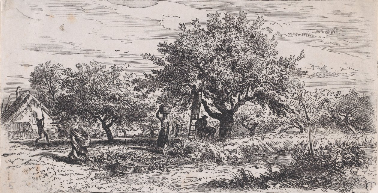 Pluk frugt fra træ udenfor sommerhus, ca. 1852. af Charles Emile Jacque