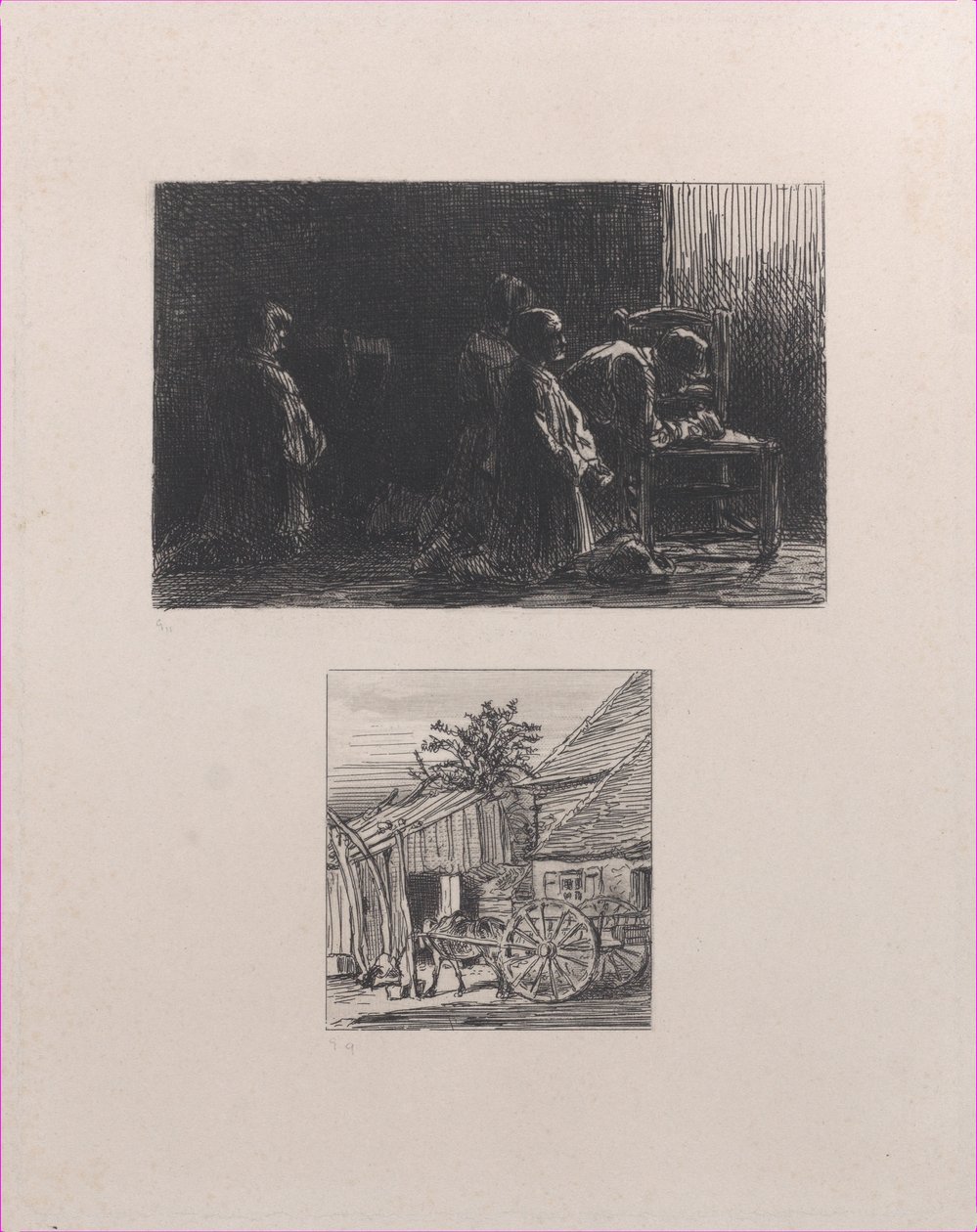 Bønneoverdel, vogn foran et hus nederst, 1845. af Charles Emile Jacque