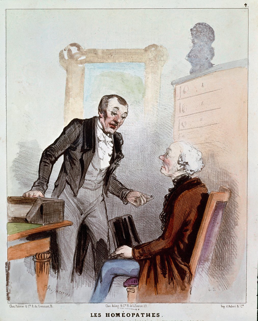 Serie "syge og læger"": homøopater. Tegneserie af en læge, der ordinerer en homøopatisk medicin til en patient. Gravering af Charles Jacques af Charles Emile Jacque