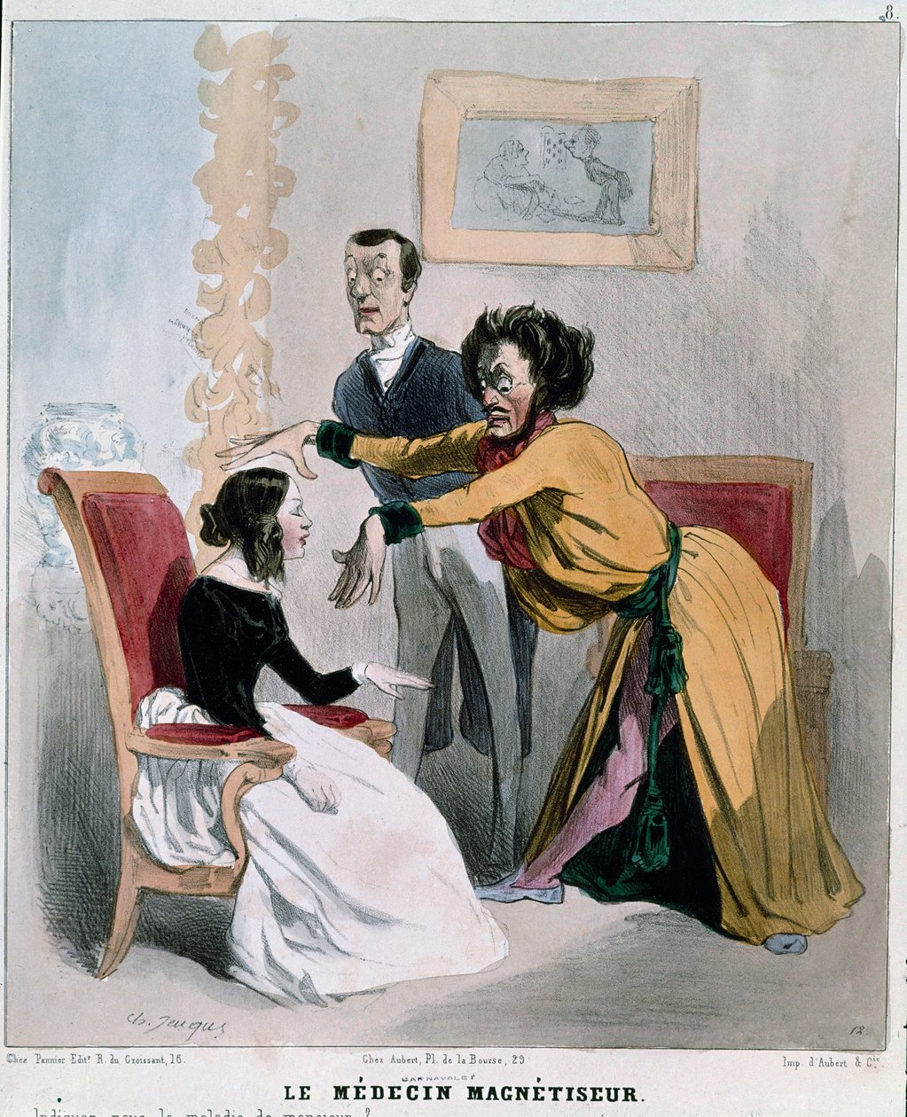Serie "" syge og læger"": magnetistlægen. Tegneserie af en hypnotisør midt i hypnose om en patient. Gravering af Charles Jacques af Charles Emile Jacque