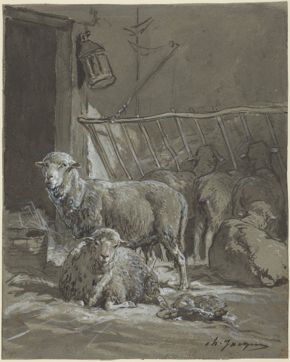 Får i en krybbe af Charles Emile Jacque