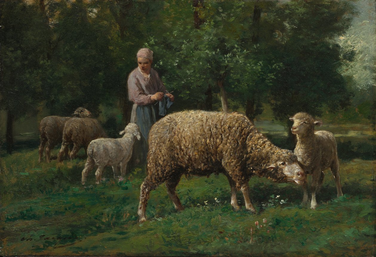Hyrdinde med får af Charles Emile Jacque