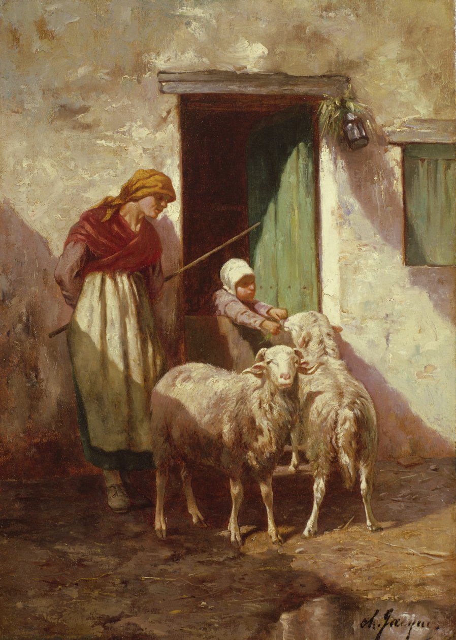 Hyrdinde med et barn og to får af Charles Emile Jacque