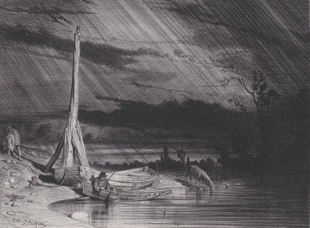 Fiskeren, regnvejr, ca. 1853. af Charles Emile Jacque