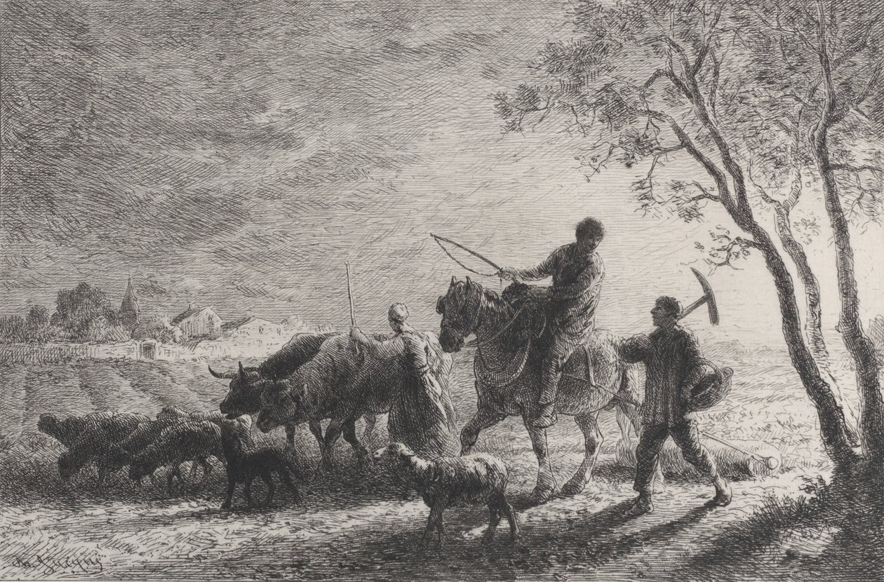 The Return from the Fields, 1865. af Charles Emile Jacque