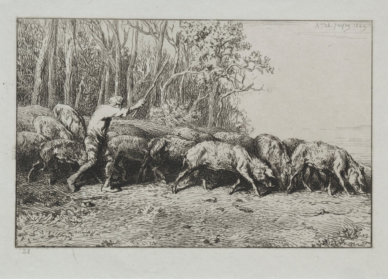 Flok porer, der kommer ud af en skov. af Charles Emile Jacque