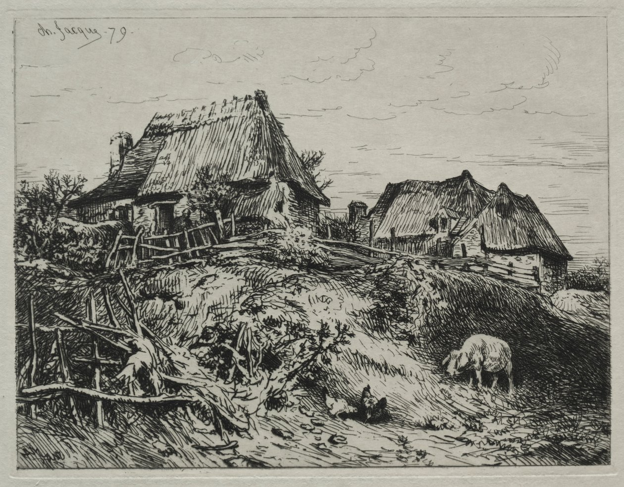 To hytter på en bank af Charles Emile Jacque