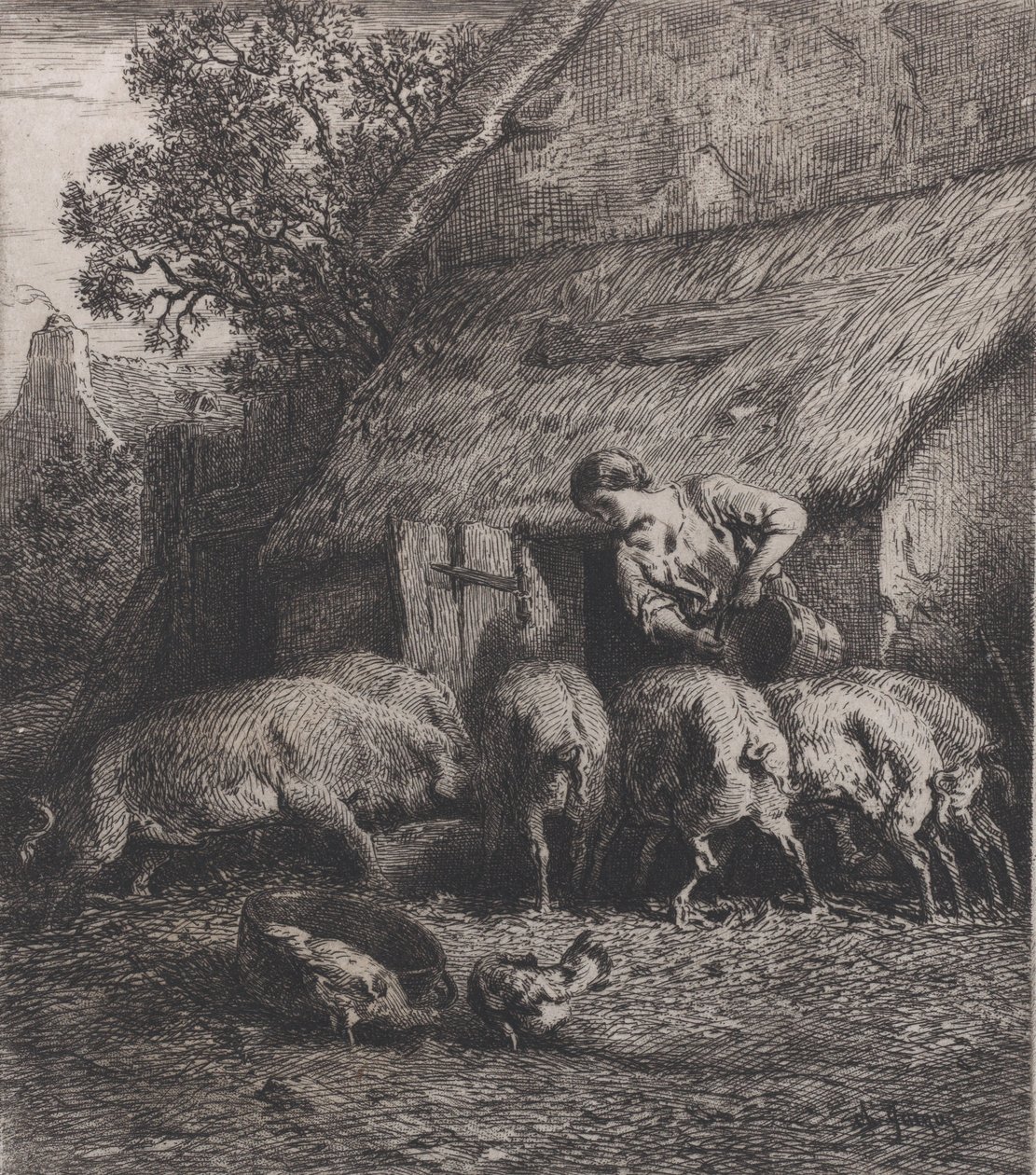 Kvinde, der fodrer svin, 1850. af Charles Emile Jacque