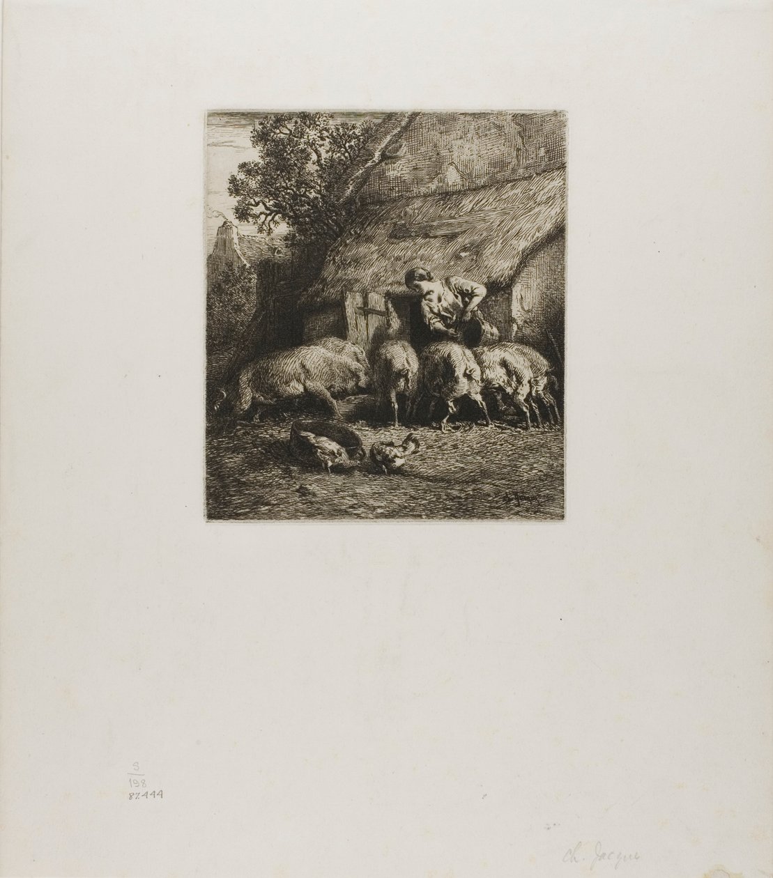 Kvinde fodrer seks grise af Charles Emile Jacque