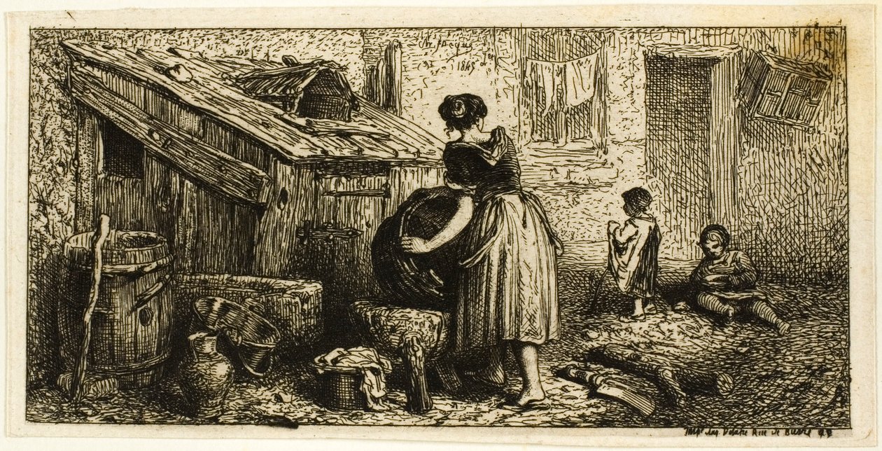 Kvinde vaskepotter, med børn af Charles Emile Jacque