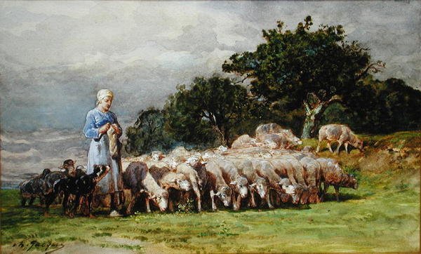 En hyrdinde med en flok får (akvarel på papir) af Charles Emile Jacques