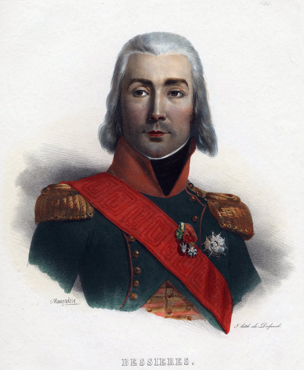Portræt af Jean Baptiste (Jean-Baptiste) Bessieres (1768-1813), marskal af Frankrig - Mauraisse, Charles Emile (1799-1852) - 1835 - Litografi, akvarel - 32x24 - Privat samling af Charles Emile Mauraisse