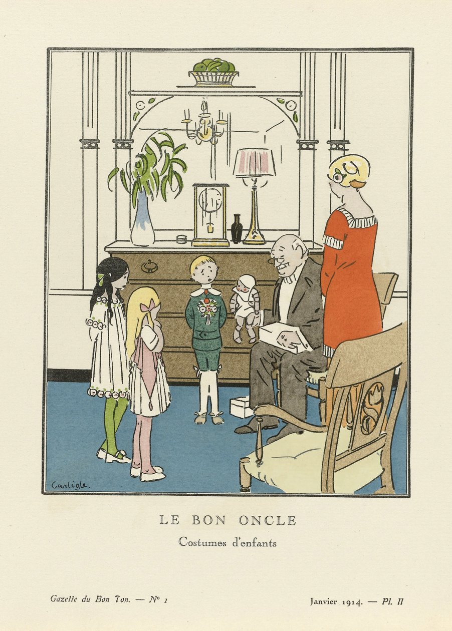 Den gode onkel. Børnekostumer fra La Gazette du Bon Ton, pub. 1914 (Skabelontryk) af Charles Emile called Carlegle Egli