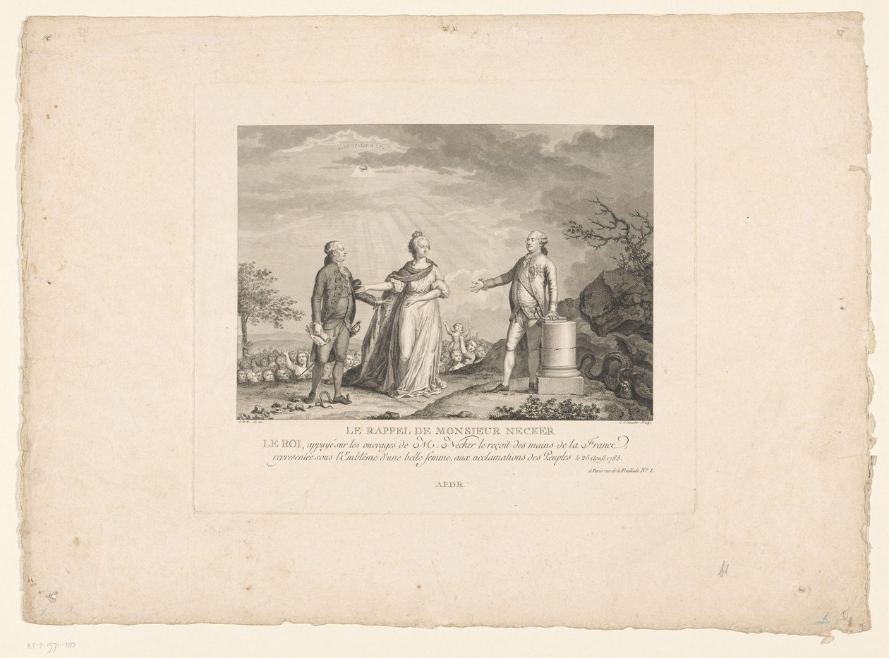 Jacques Neckers tilbagevenden, 1788 Le recall de Monsieur Necker (titel på objekt) af Charles Etienne Gaucher
