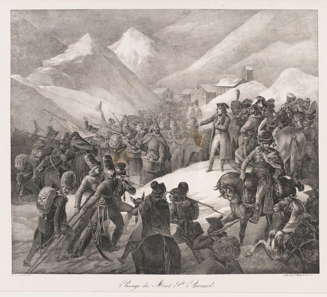 Krydser St. Bernard-bjerget, begyndelsen af det 19. århundrede (litho) af Charles Etienne Pierre Motte