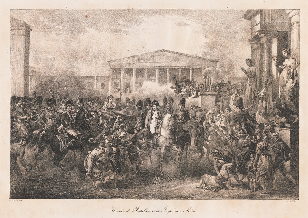 Napoleons og Josephines indtog i Milano, begyndelsen af det 19. århundrede (litho) af Charles Etienne Pierre Motte