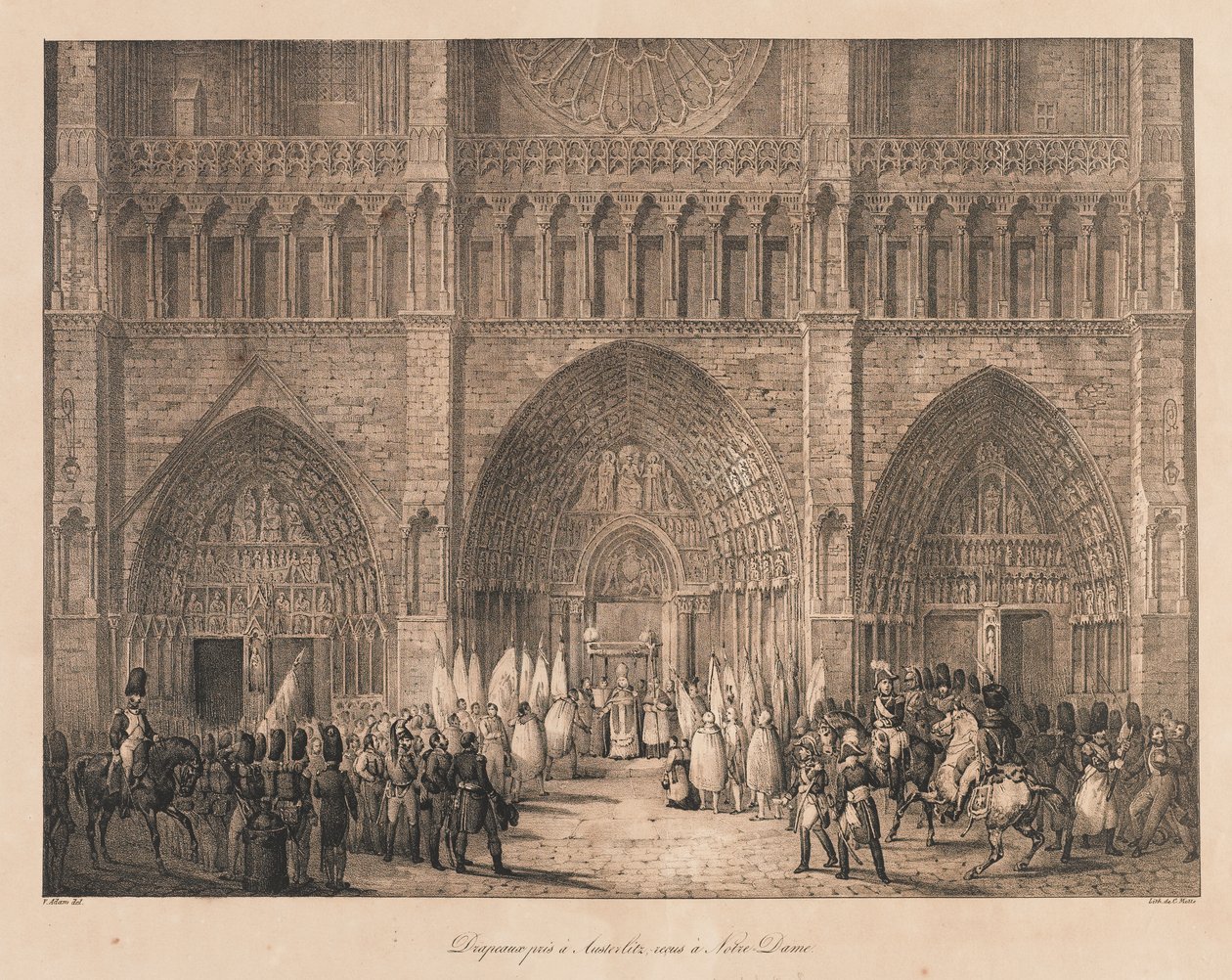 Flag taget i Austerlitz modtaget i Notre Dame, begyndelsen af det 19. århundrede (litho) af Charles Etienne Pierre Motte