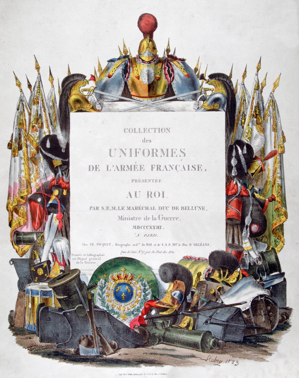Frontispice af samling af uniformer fra den franske hær præsenteret for kongen, 1823. af Charles Etienne Pierre Motte
