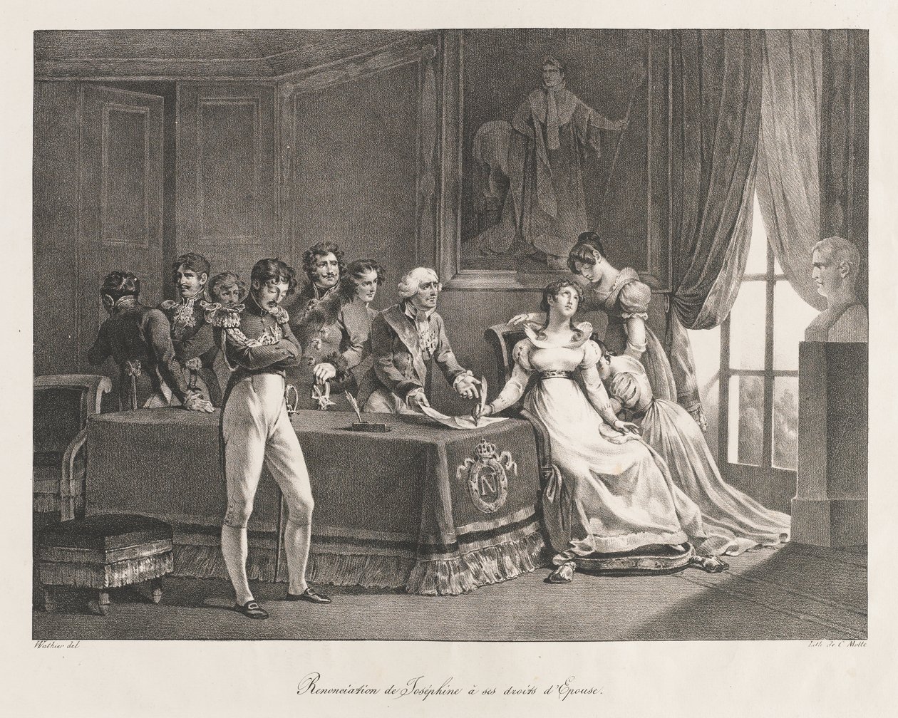 Josephine giver afkald på sine rettigheder, tidligt 1800-tallet (litho) af Charles Etienne Pierre Motte